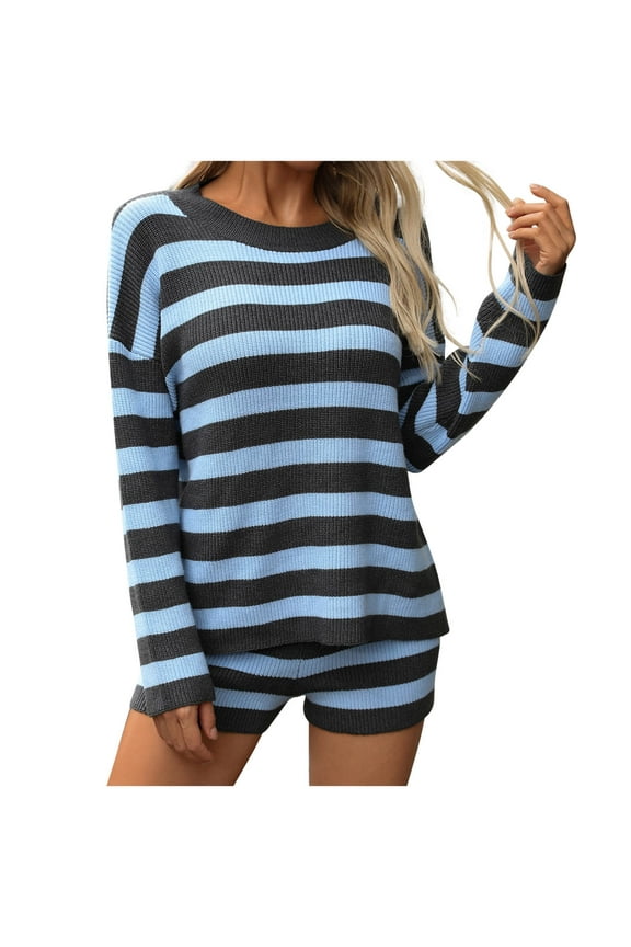Womens Striped Sweater Sets Fall Two Piece Matching Set Oversized Lounge Sets Knit Long Sleeve and Shorts Pajama Set