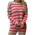 thumbnail image 1 of Womens Striped Sweater Sets Fall Two Piece Matching Set Oversized Lounge Sets Knit Long Sleeve and Shorts Pajama Set, 1 of 6