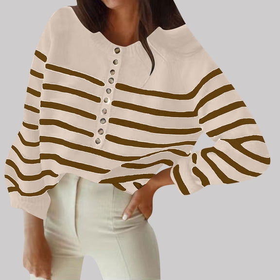 Womens Striped Sweaters Crewneck Ribbed Knit Sweater Trendy Button Up Tops Beige L