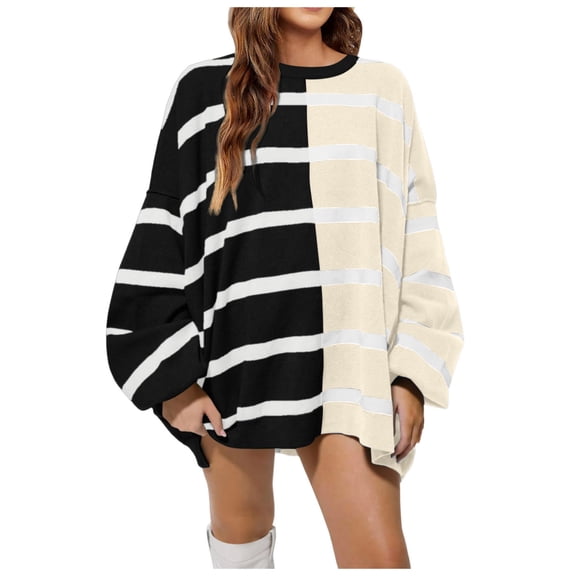 Womens Striped Sweaters Oversized Casual Loose Long Sleeve Crew Neck Color Block Lightweight Cozy Sweaters for Women