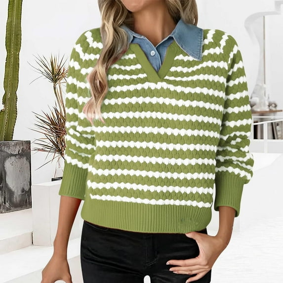 Womens Striped Sweaters Patchwork Denim Lapel Collar Knit Pullover Sweater Long Sleeve Button V-Neck Color Block Sweaters Blouse Mint Green M
