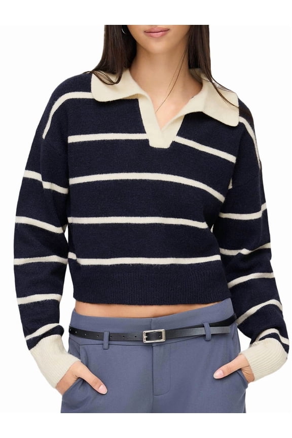 Womens Striped Sweaters Pol-O Shirts Oversized Long Sleeve Chunky Knit Trendy Pullover Tops Black S