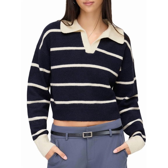 Womens Striped Sweaters Pol-O Shirts Oversized Long Sleeve Chunky Knit Trendy Pullover Tops