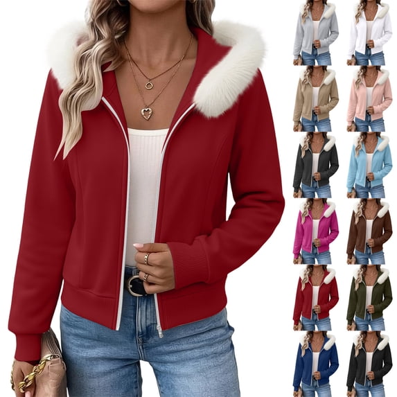Sweatshirt for Women Fall Winter Jacket Solid-Color Hooded Zip Up Long-Sleeved Sports Sweatshirt M