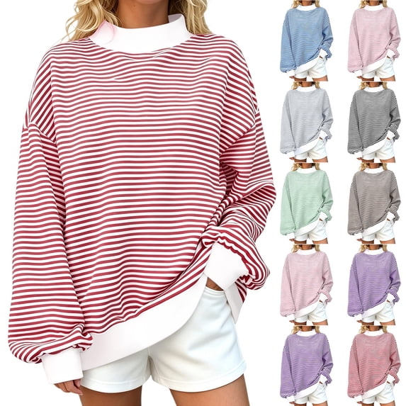 Womens Striped Sweatshirt Oversized Striped Mock Neck Sweatshirt Loose Long Sleeve Pullover Top Casual Soft Comfort Top with Elastic Cuffs