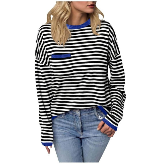 Womens Striped Sweatshirt with Chest Pocket Drop Shoulder Crewneck Pullover Loose Casual Long Sleeve Tops (L, Blue)