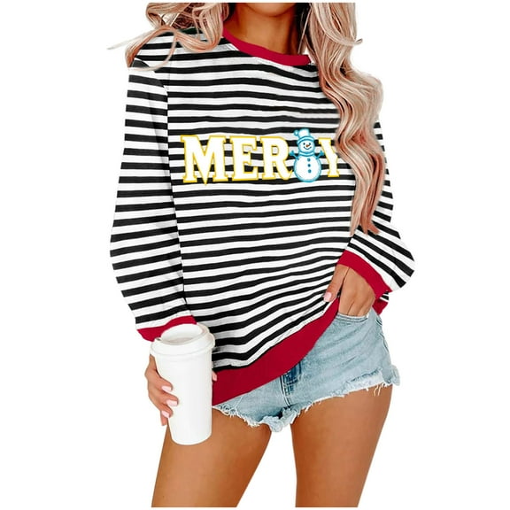 Womens Striped Sweatshirts Christmas Holiday Pullover Shirts Long Sleeve Crewneck Fashion Tops Fall Clothes, S Black
