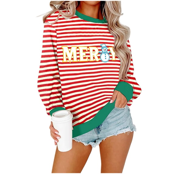 Womens Striped Sweatshirts Christmas Holiday Pullover Shirts Long Sleeve Crewneck Fashion Tops Fall Clothes, XXL Green