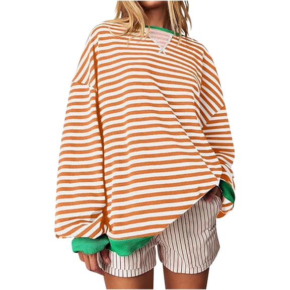 Womens Striped Sweatshirts Oversize Fit Drop Shoulder Long Sleeve Crewneck Pullover Fall Winter Spring Tops (M, Yellow)
