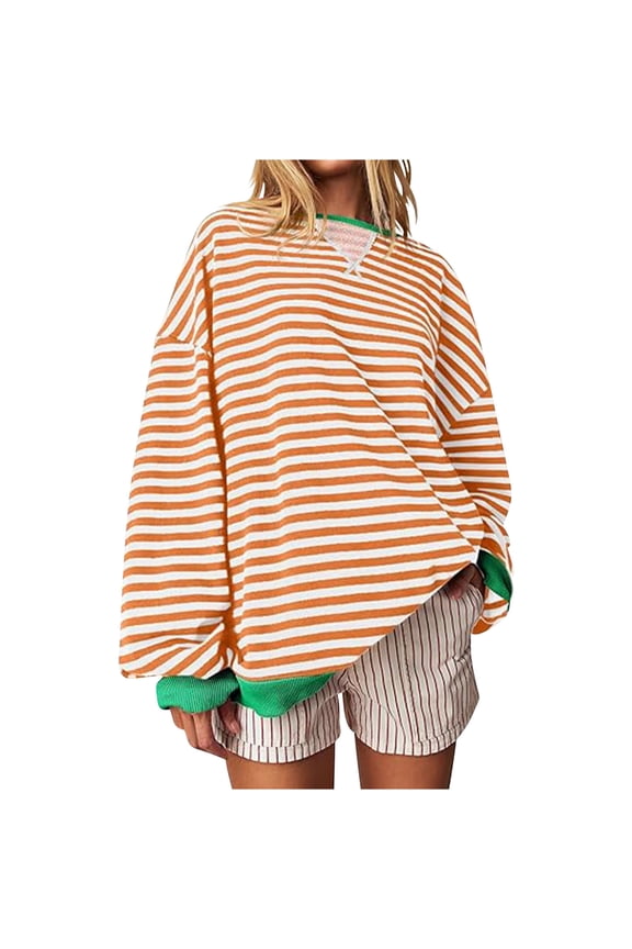 Womens Striped Sweatshirts Oversize Fit Drop Shoulder Long Sleeve Crewneck Pullover Fall Winter Spring Tops (XL, Yellow)