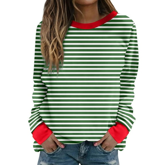 Womens Striped Sweatshirts Trendy Colorblock Crewneck Pullover Loose Long Sleeve Casual Plus Size Cotton Tops (3XL, Green 01)