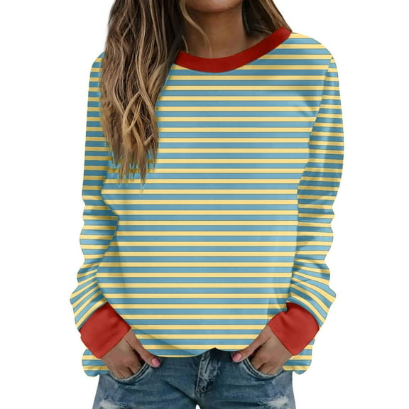 Womens Striped Sweatshirts Trendy Colorblock Crewneck Pullover Loose Long Sleeve Casual Plus Size Cotton Tops (L, Red 01)