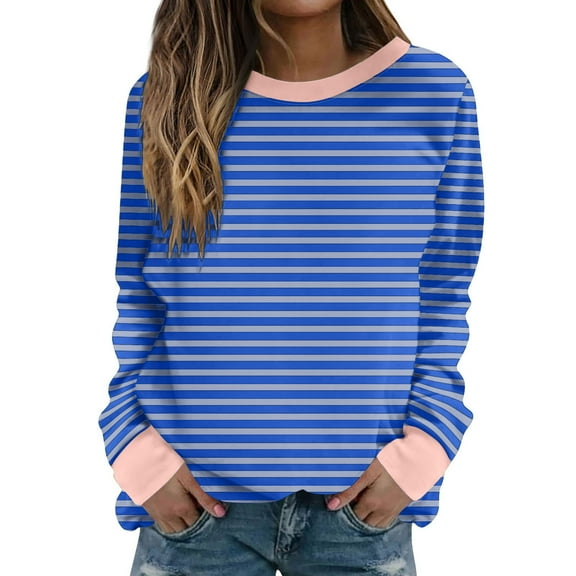 Womens Striped Sweatshirts Trendy Colorblock Crewneck Pullover Loose Long Sleeve Casual Plus Size Cotton Tops (S, Blue 01)