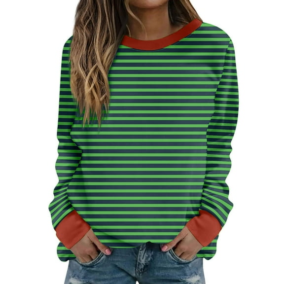 Womens Striped Sweatshirts Trendy Colorblock Crewneck Pullover Loose Long Sleeve Casual Plus Size Cotton Tops (XL, Army Green)