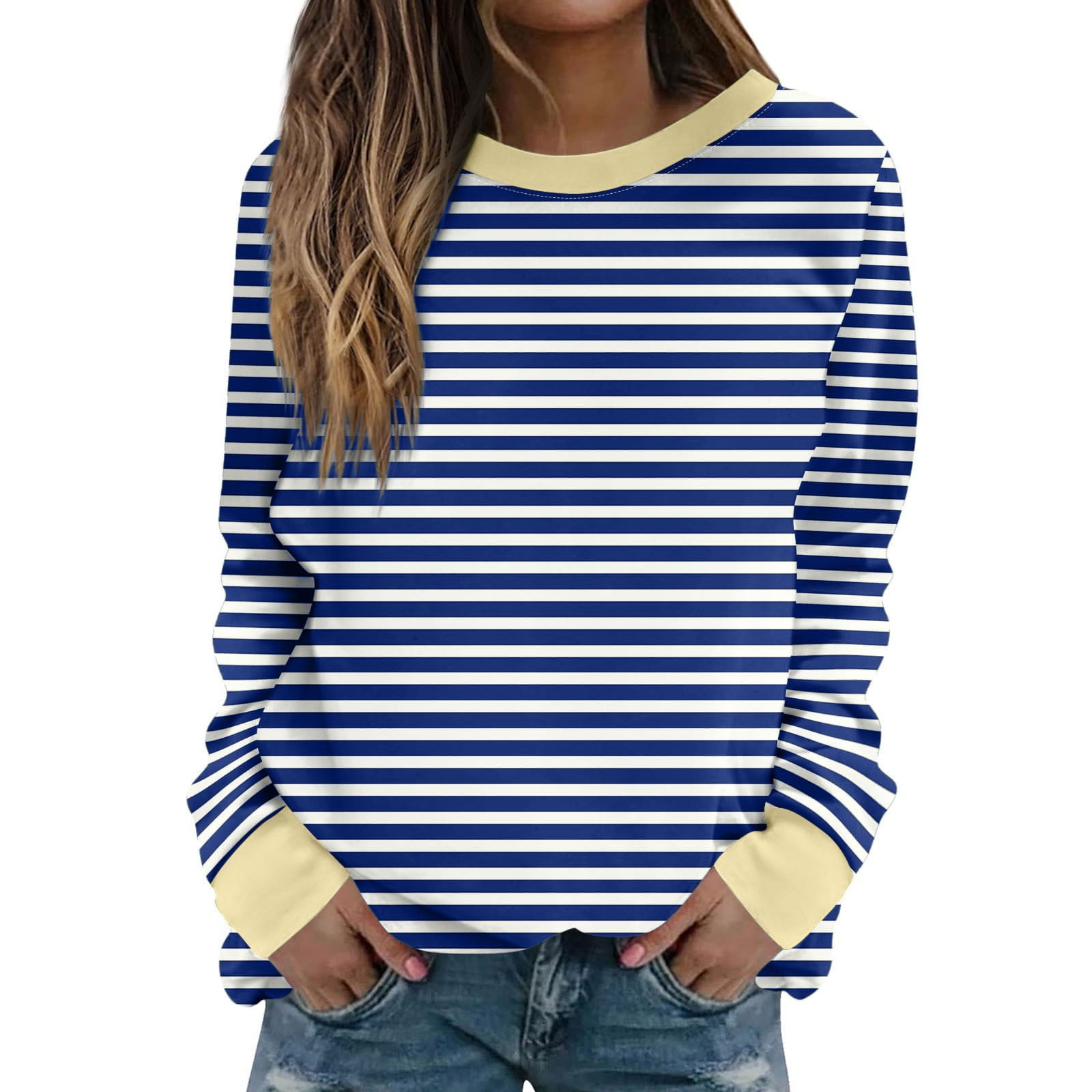 Blue Stripe Drop Shoulder Long Sleeve Pullover Elastic Waist Casual Short Set