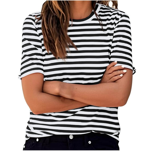 Womens Striped T Shirts Crewneck Short Sleeve Tops Color Block Thin Casual Tee for Women Fall Summer Tee Shirt 2025
