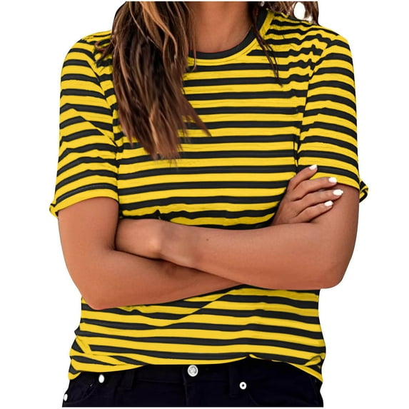 Womens Striped T Shirts Crewneck Short Sleeve Tops Color Block Thin Casual Tee for Women Fall Summer Tee Shirt 2025