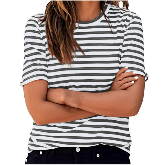 Womens Striped T Shirts Crewneck Short Sleeve Tops Color Block Thin Casual Tee for Women Fall Summer Tee Shirt 2025