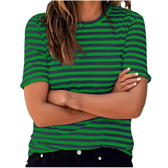 Womens Striped T Shirts Crewneck Short Sleeve Tops Color Block Thin Casual Tee for Women Fall Summer Tee Shirt 2025