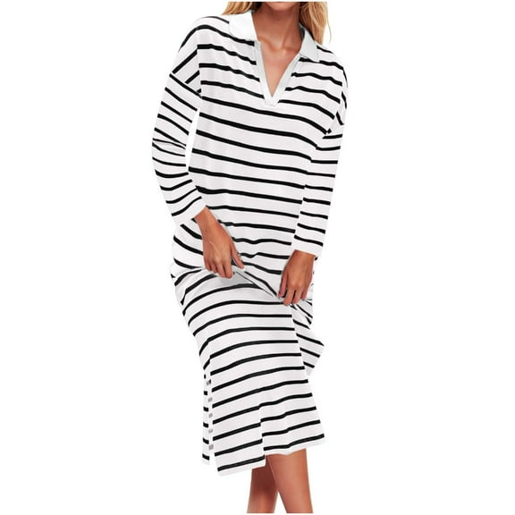 Womens Striped T-Shirts Dresses Casual Long Sleeve V Neck Loose Fit Split Knit Maxi Dress