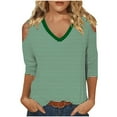 thumbnail image 1 of Womens Striped T-Shirts Trendy Cold Shoulder V Neck Tops 3/4 Length Sleeve Summer Fall Casual Tee Tshirts (XL, Green), 1 of 5