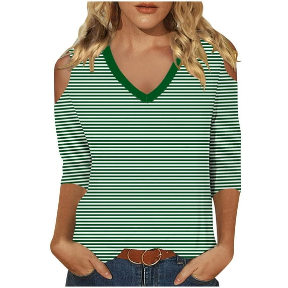 Womens Striped T-Shirts Trendy Cold Shoulder V Neck Tops 3/4 Length Sleeve Summer Fall Casual Tee Tshirts (XL, Green)