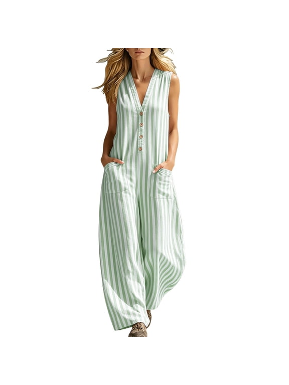 Womens Striped Tank Jumpsuits Button Down Wide Leg Sleeveless Romper Loose Travel Casual Jumper Green, XL