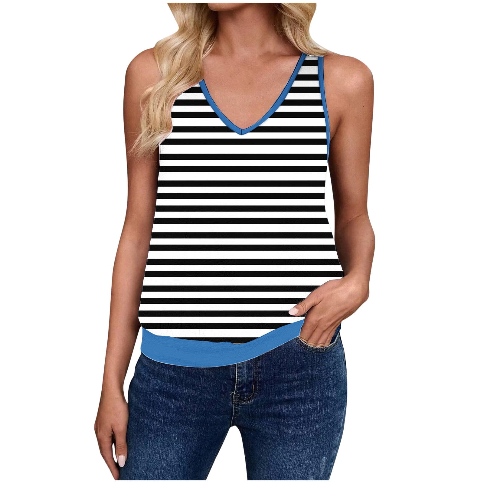 Womens Striped Tank Tops with Banded Bottom Colorblock Loose Casual V