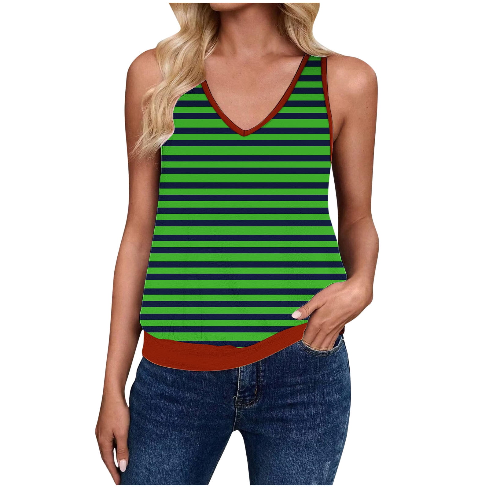 Womens Striped Tank Tops with Banded Bottom Colorblock Loose Casual V