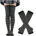 thumbnail image 1 of Womens Striped Thigh High Socks Long Arm Warmers Fingerless Gloves 2 Pairs Christmas Halloween Gloves Stockings Set Dark Gray, 1 of 2