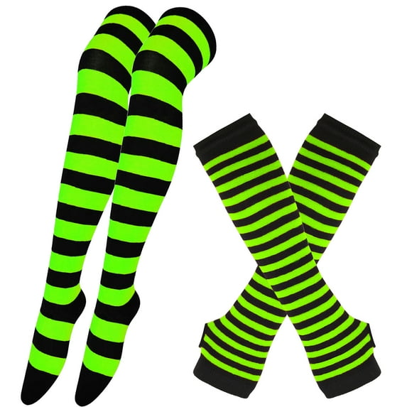 Womens Striped Thigh High Socks Long Arm Warmers Fingerless Gloves 2 Pairs Christmas Halloween Gloves Stockings Set Mint Green