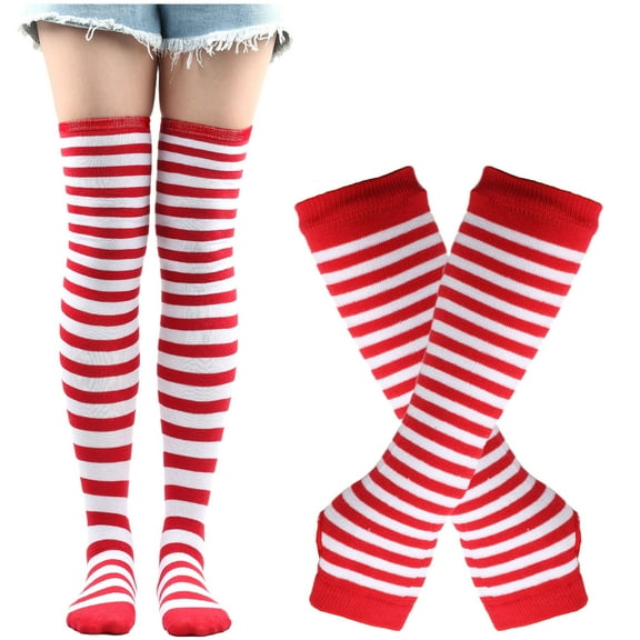 Womens Striped Thigh High Socks Long Arm Warmers Fingerless Gloves 2 Pairs Christmas Halloween Gloves Stockings Set Red