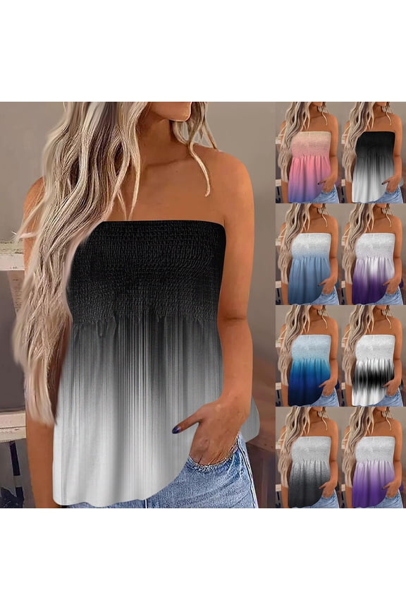 Womens Striped Tie Dye Tube Tops Smocked Ruffled Strapless Backless Bandeau Tops Pink 2XL