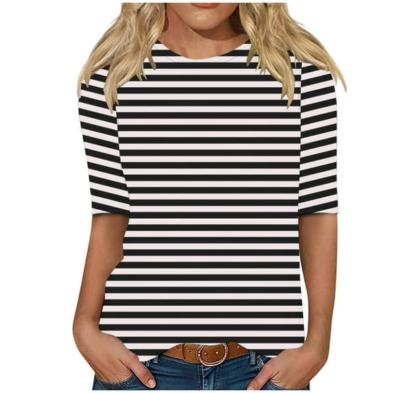 Womens Striped Tops Half Sleeve Base Crewneck Casual Tee Loose Fit Tshirts for Summer Fall Spring, Black|Striped XL