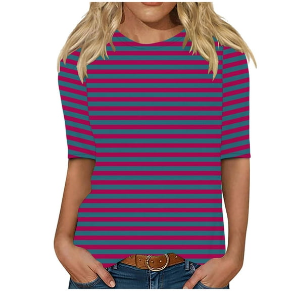 Womens Striped Tops Half Sleeve Base Crewneck Casual Tee Loose Fit Tshirts for Summer Fall Spring, Purple|Striped XL