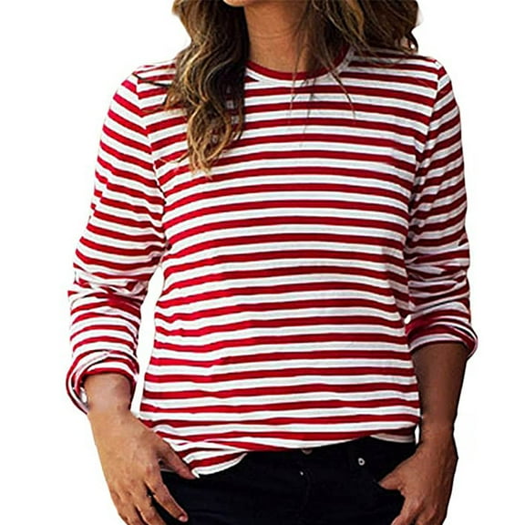 Womens Striped Tops Long Sleeve Fall Casual Color Block Pullover Shirt Fashion Crew Neck Slim Fit Sweatshirt (Red L)