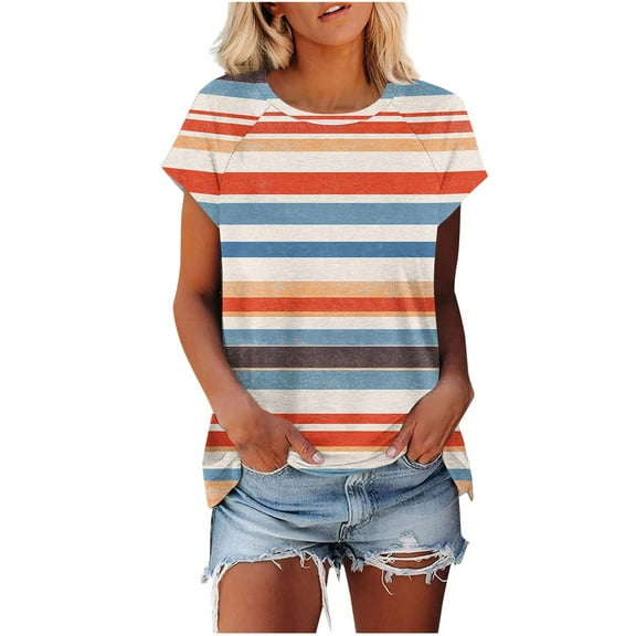 Womens Striped Tops Raglan Short Sleeve Shirts Crewneck Pullover Loose Tunic Clothing