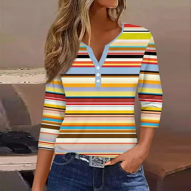 Womens Striped Tshirt, Womens Summer Tops, Tops for Women, 3/4 Length Sleeve Womens Tops 2024 Trendy Casual Loose Fit Henley V Neck T Shirts Spring Dressy Blouses Tunic Tops, Yellow, S