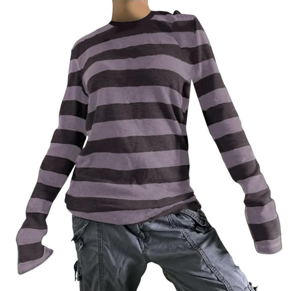 Womens Striped Tunic Tops Long Sleeve Round Neck Fairy Grunge Tees Baggy Fall Vintage Streetwear T-Shirt