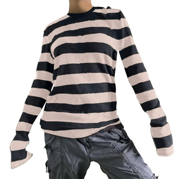 Womens Striped Tunic Tops Long Sleeve Round Neck Fairy Grunge Tees Baggy Fall Vintage Streetwear T-Shirt