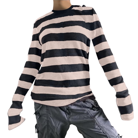Womens Striped Tunic Tops Long Sleeve Round Neck Fairy Grunge Tees Baggy Fall Vintage Streetwear T-Shirt