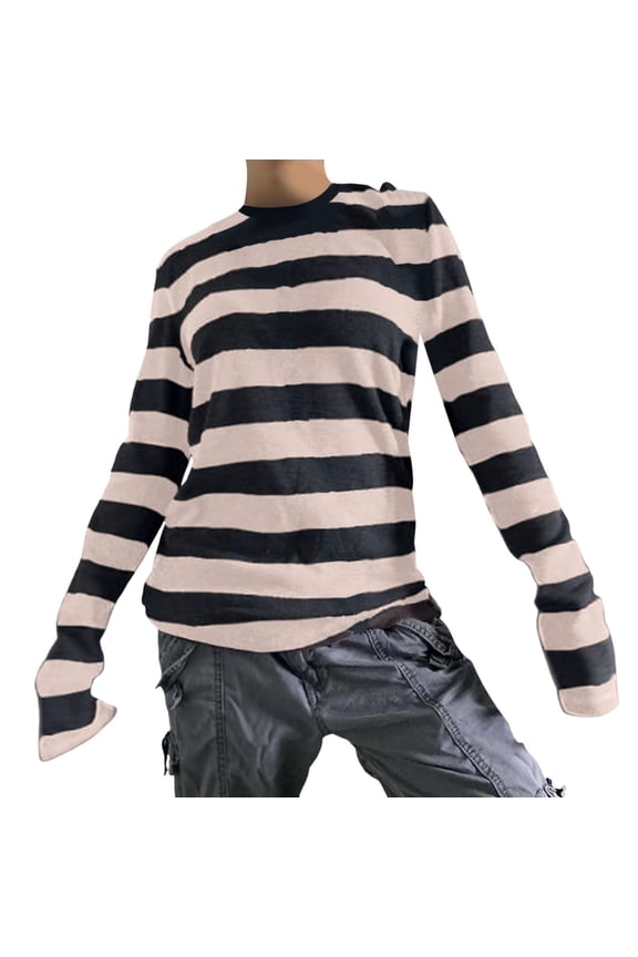 Womens Striped Tunic Tops Long Sleeve Round Neck Fairy Grunge Tees Baggy Fall Vintage Streetwear T-Shirt
