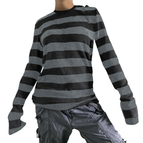 Womens Striped Tunic Tops Long Sleeve Round Neck Fairy Grunge Tees Baggy Fall Vintage Streetwear T-Shirt