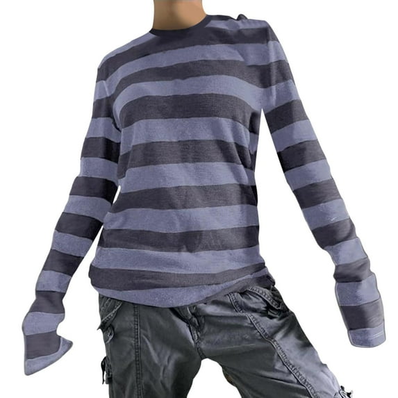 Womens Striped Tunic Tops Long Sleeve Round Neck Fairy Grunge Tees Baggy Fall Vintage Streetwear T-Shirt