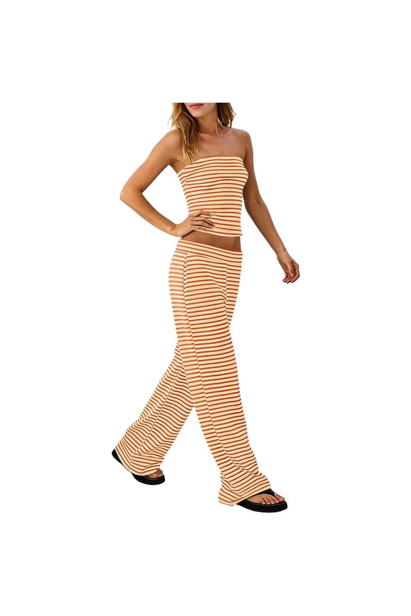 Womens Striped Two Piece Sets Y2K Strapless Tube Tops & Wide Leg Pants Cooling Beach Vacation Matching Outfit