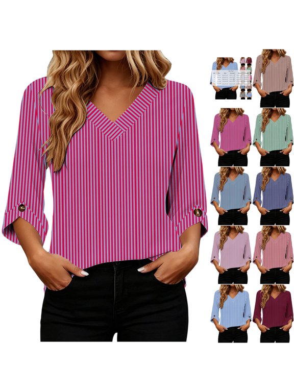 Womens Striped V Neck Business Casual Tops Button Cuff 3/4 Sleeve Blouses Loose Fit Soft Stretch Shirts for Work Office Interview, Hot Pink, M