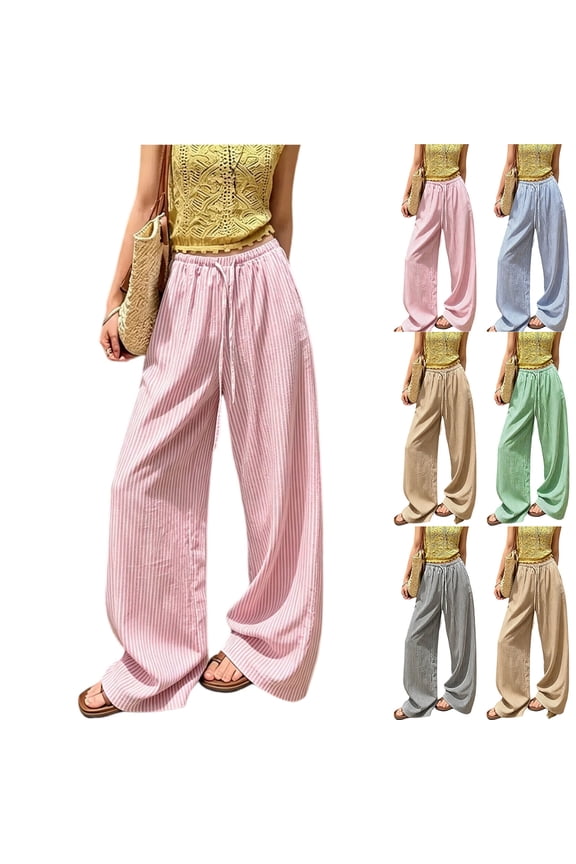 Womens Striped Wide Leg Palazzo Pants High Waisted Elastic Drawstring Casual Lounge Trousers with Pockets Green S
