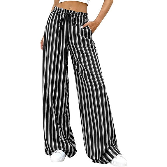 Womens Striped Wide Leg Pants Palazzo Drawstring Lounge Pants Casual Elastic Waisted Trousers with Pockets Black M