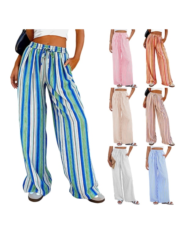 Womens Striped Wide Leg Pants Summer Boho Palazzo Pants Causal Elastic High Waist Long Lounge Trousers with Pockets Orange 2XL