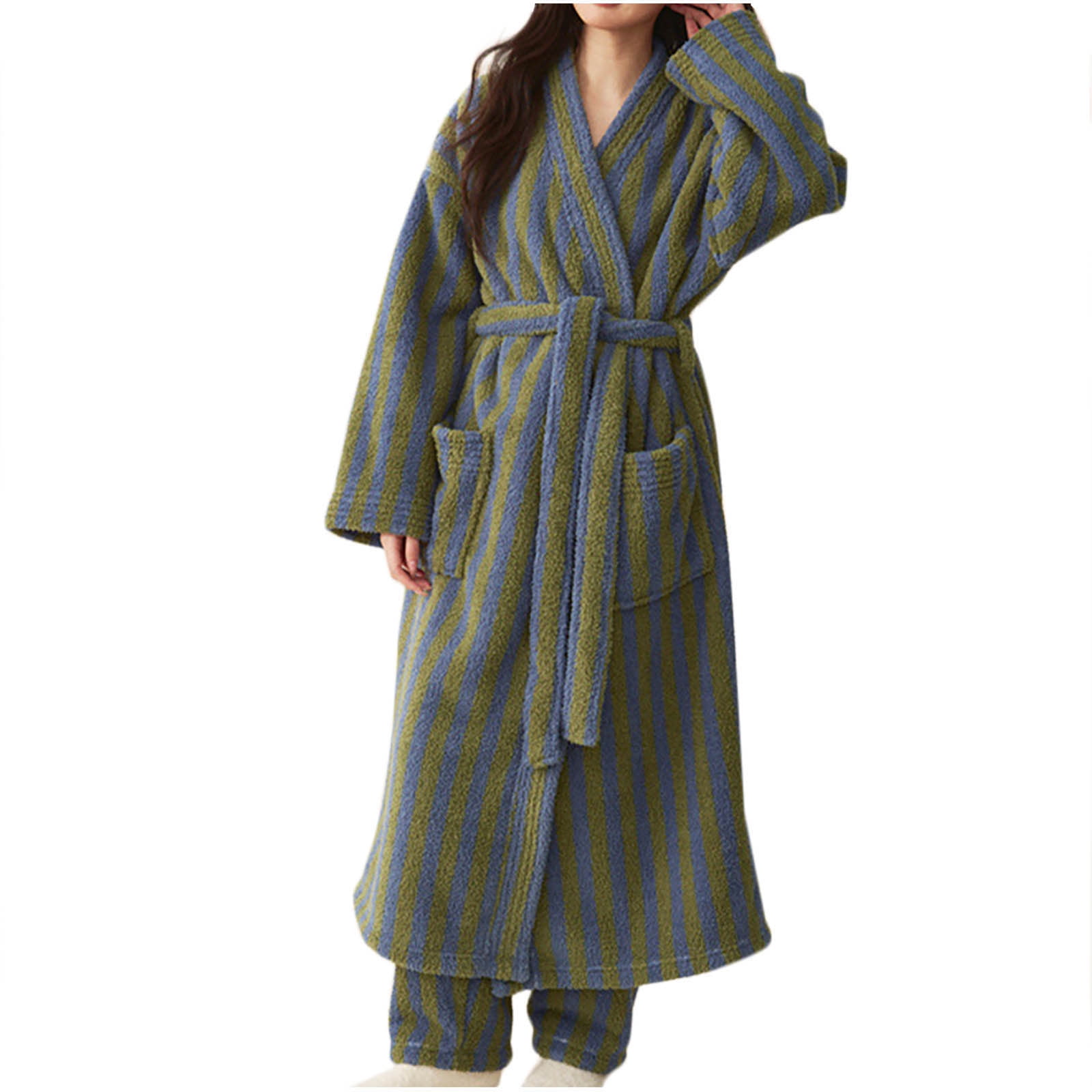 Womens Striped Winter Bath Robes 2024 Warm Coral Fleece Bathrobes Collar Plush Thick Kimono Loungewear Cozy Soft Home Wear